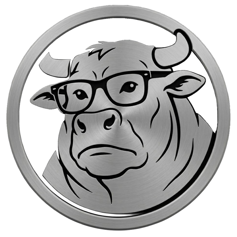 A metallic bull wearing nerdy glasses, deadpan